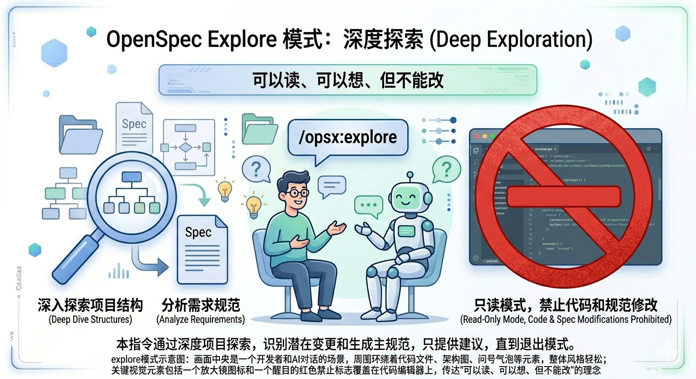 explore模式示意图：画面中央是一个开发者和AI对话的场景，周围环绕着代码文件、架构图、问号气泡等元素，整体风格轻松；关键视觉元素包括一个放大镜图标和一个醒目的红色禁止标志覆盖在代码编辑器上，传达"可以读、可以想、但不能改"的理念